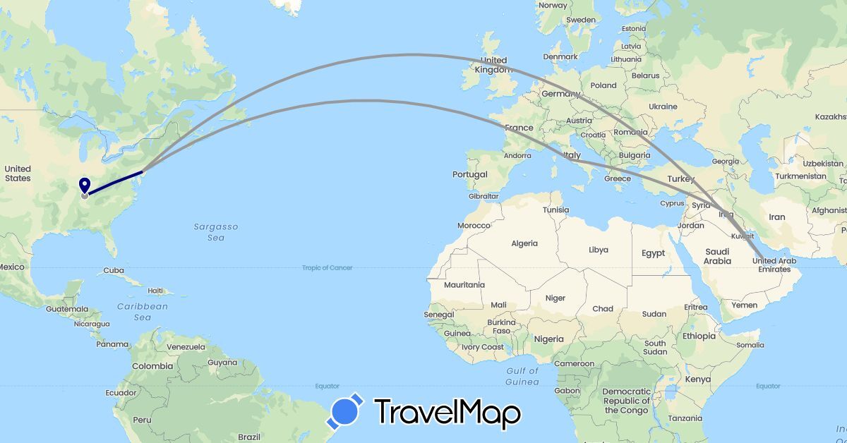 TravelMap itinerary: driving, plane in Iraq, Italy, Qatar, United States (Asia, Europe, North America)